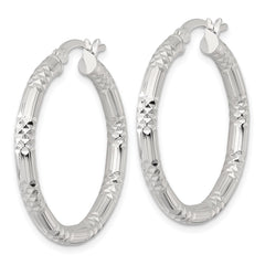 QE17848 Sterling Silver Polished Diamond-cut Textured 30x3.25mm Round Hoop Earrings