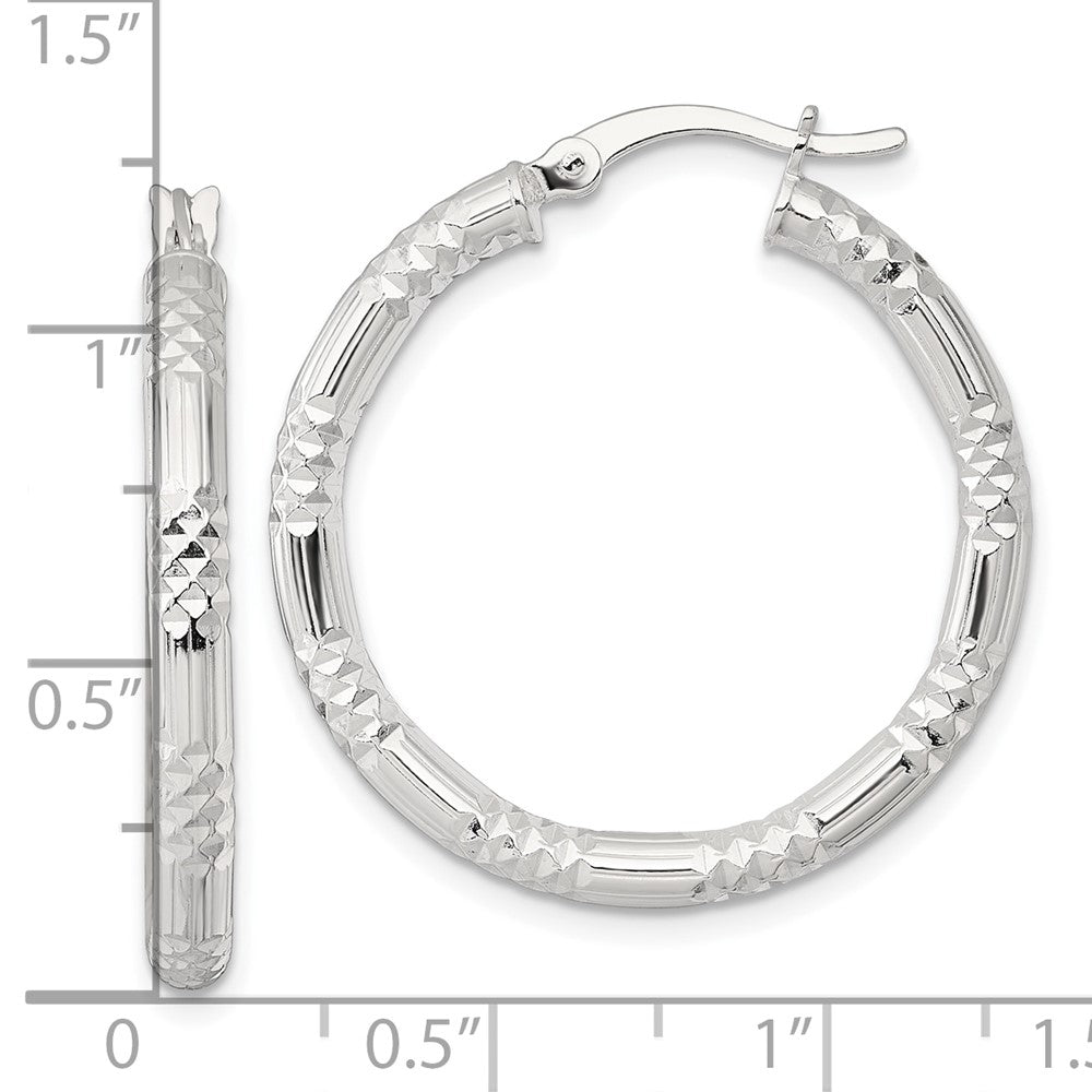 QE17848 Sterling Silver Polished Diamond-cut Textured 30x3.25mm Round Hoop Earrings