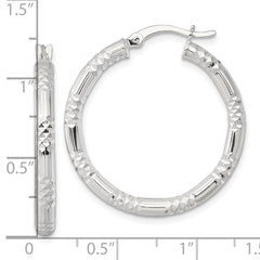 QE17848 Sterling Silver Polished Diamond-cut Textured 30x3.25mm Round Hoop Earrings