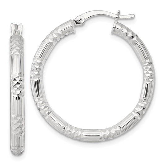 QE17848 Sterling Silver Polished Diamond-cut Textured 30x3.25mm Round Hoop Earrings