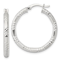 QE17848 Sterling Silver Polished Diamond-cut Textured 30x3.25mm Round Hoop Earrings