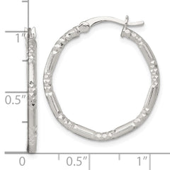 QE17851 Sterling Silver Polished Diamond-cut Textured 25x2.25mm Round Hoop Earrings