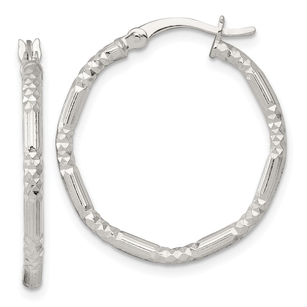 QE17851 Sterling Silver Polished Diamond-cut Textured 25x2.25mm Round Hoop Earrings