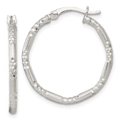 QE17851 Sterling Silver Polished Diamond-cut Textured 25x2.25mm Round Hoop Earrings