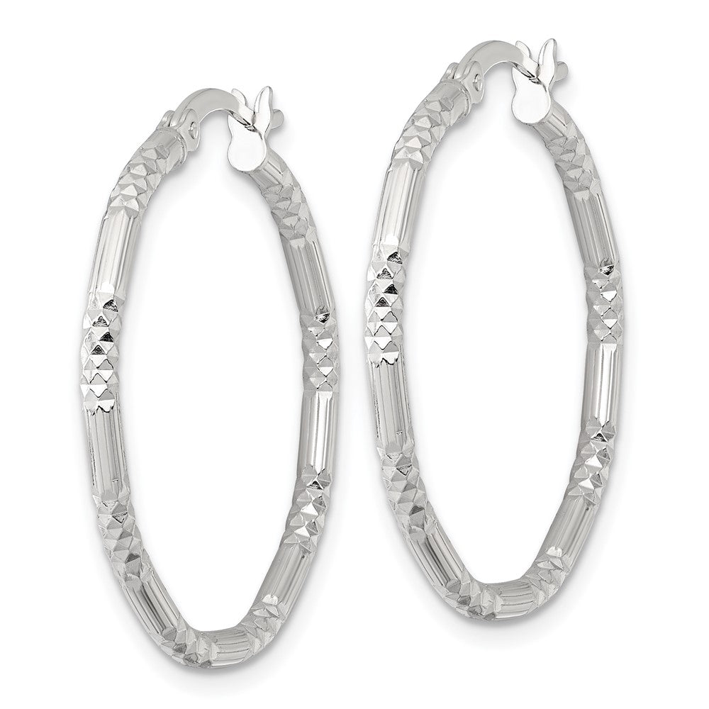 QE17852 Sterling Silver Polished Diamond-cut Textured 30x2.25mm Round Hoop Earrings