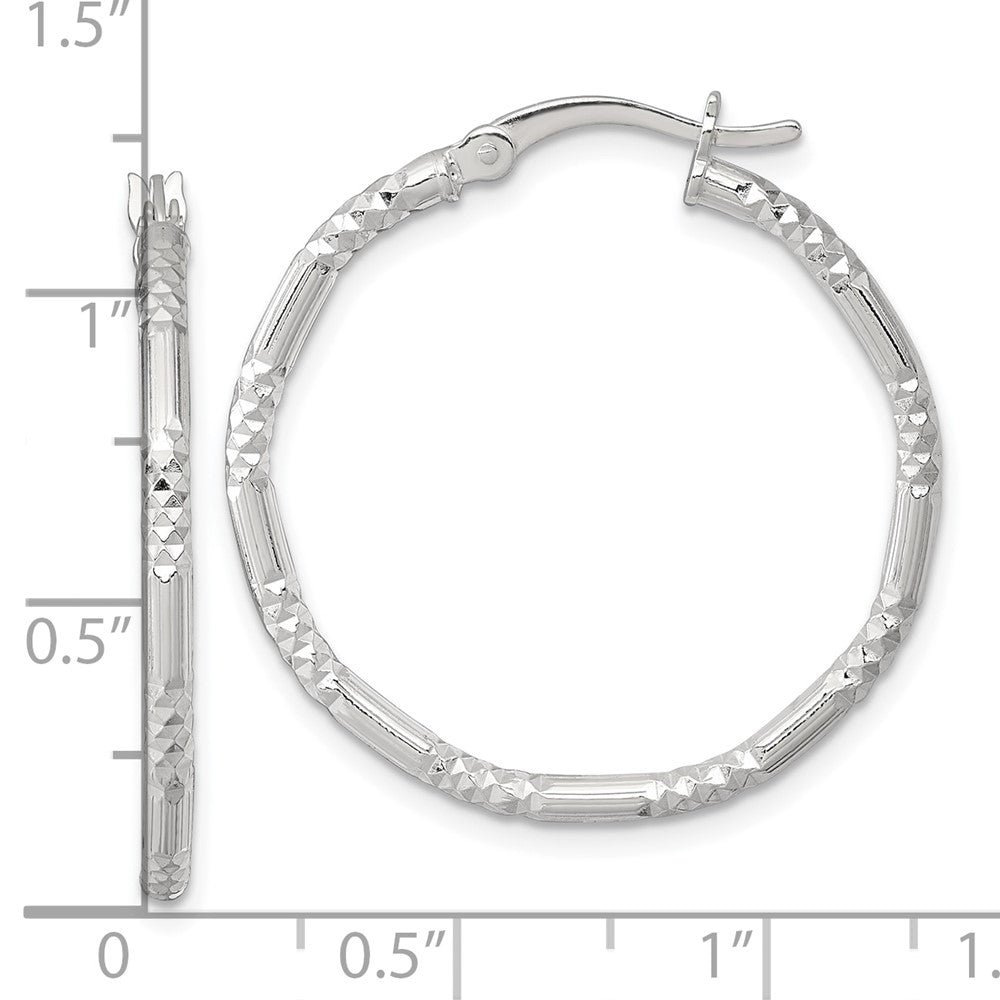 QE17852 Sterling Silver Polished Diamond-cut Textured 30x2.25mm Round Hoop Earrings