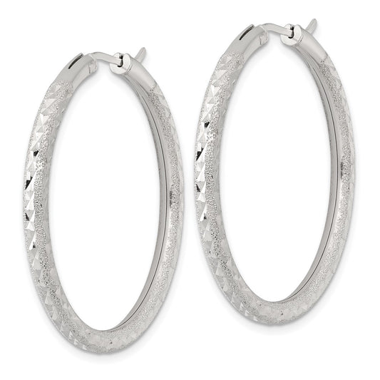QE17855 Sterling Silver Laser and Diamond-cut 40x3.25mm Hidden Catch Round Hoop Earrings