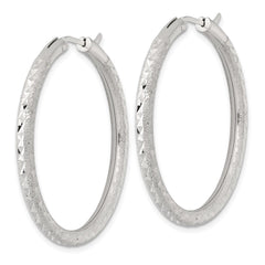 QE17855 Sterling Silver Laser and Diamond-cut 40x3.25mm Hidden Catch Round Hoop Earrings
