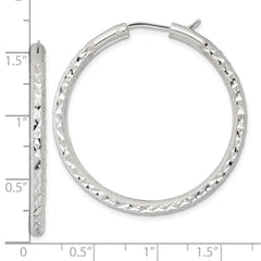 QE17855 Sterling Silver Laser and Diamond-cut 40x3.25mm Hidden Catch Round Hoop Earrings