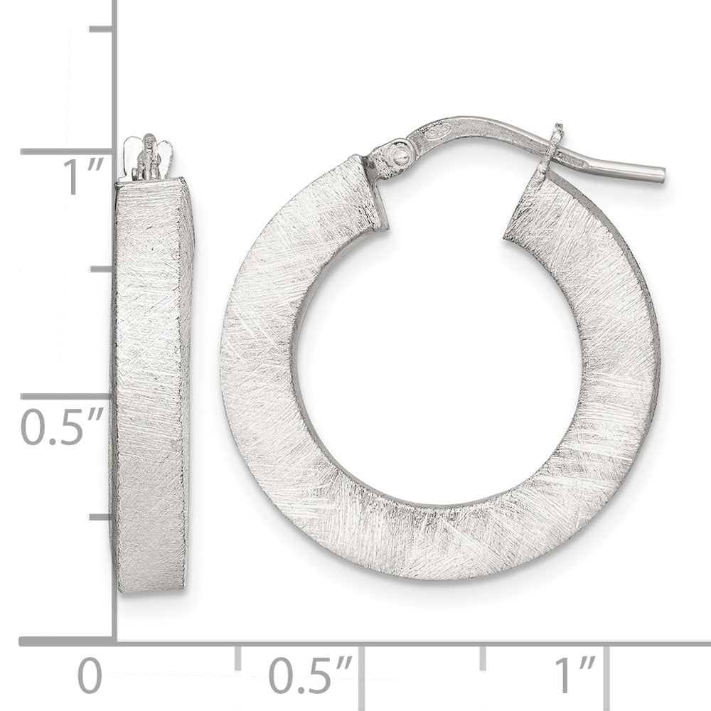 QE17857 Sterling Silver Brushed Textured 4.25mm x 24mm Square Tube Hoop Earrings