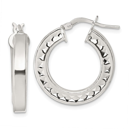 QE17859 Sterling Silver Polished and Textured 4.00 x 23mm Hoop Earrings