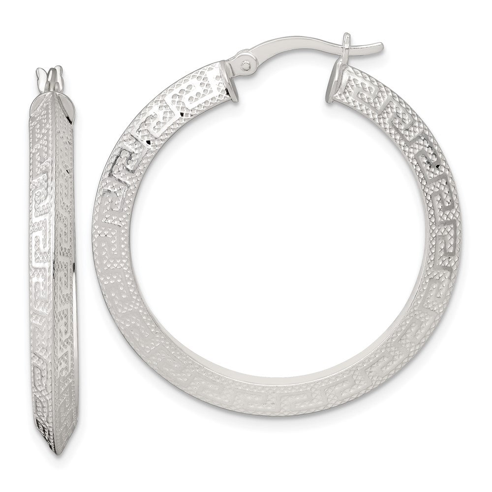 QE17862 Sterling Silver Textured 35x4.0mm Knife Edge Greek Key Round Hoop Earrings