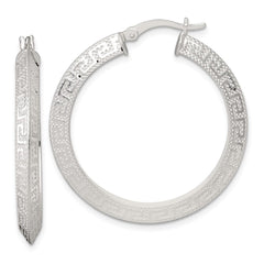 QE17862 Sterling Silver Textured 35x4.0mm Knife Edge Greek Key Round Hoop Earrings