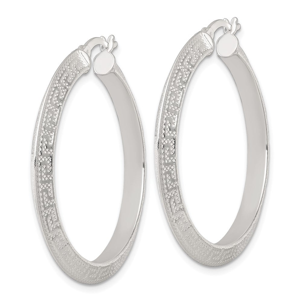 QE17863 Sterling Silver Textured 40x4.0mm Knife Edge Greek Key Round Hoop Earrings