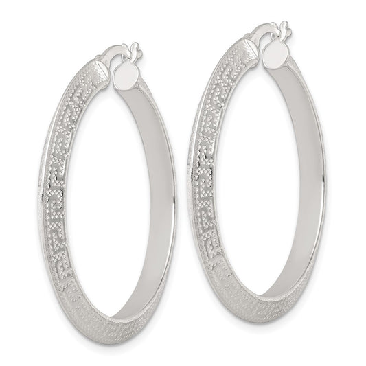 QE17863 Sterling Silver Textured 40x4.0mm Knife Edge Greek Key Round Hoop Earrings