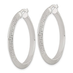 QE17863 Sterling Silver Textured 40x4.0mm Knife Edge Greek Key Round Hoop Earrings