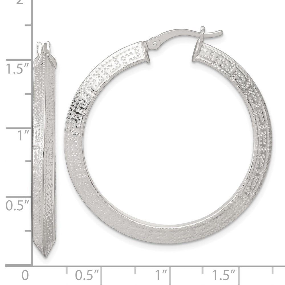 QE17863 Sterling Silver Textured 40x4.0mm Knife Edge Greek Key Round Hoop Earrings