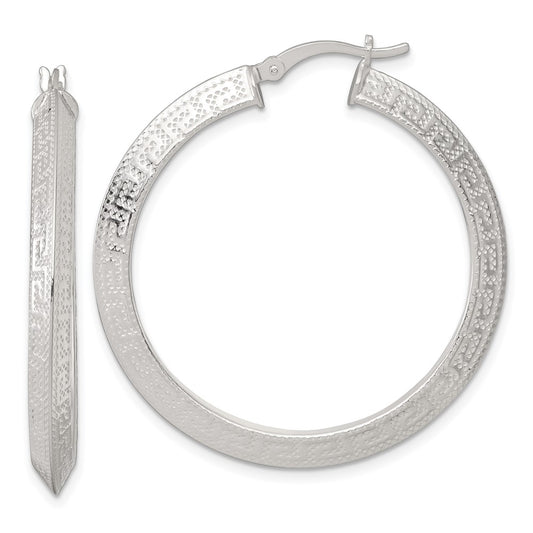 QE17863 Sterling Silver Textured 40x4.0mm Knife Edge Greek Key Round Hoop Earrings
