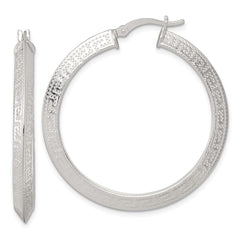 QE17863 Sterling Silver Textured 40x4.0mm Knife Edge Greek Key Round Hoop Earrings