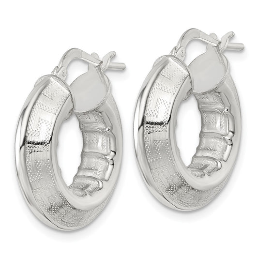 QE17864 Sterling Silver Polished Greek Key Knife Edge 5.50mm Hollow Hoop Earrings