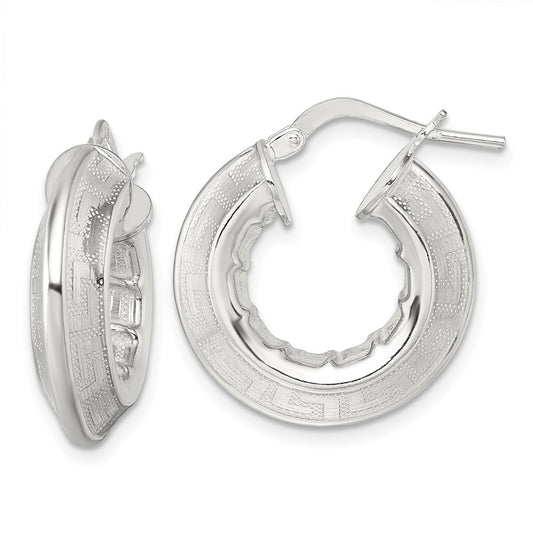 QE17864 Sterling Silver Polished Greek Key Knife Edge 5.50mm Hollow Hoop Earrings