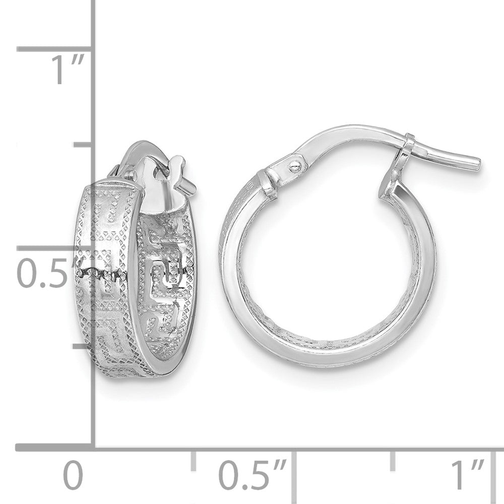 QE17865 Sterling Silver Rhodium-plated Polished Textured In and Out Greek Key 4.00 x 14mm Hoop Earrings