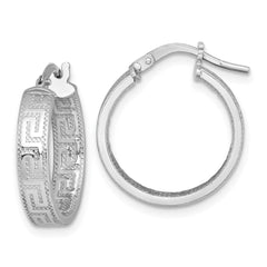 QE17866 Sterling Silver Rhodium-plated Polished Textured In and Out Greek Key 4.00 x 18mm Hoop Earrings
