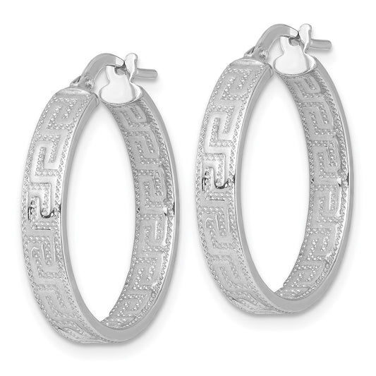 QE17867 Sterling Silver Rhodium-plated Polished Textured In and Out Greek Key 4.00 x 23mm Hoop Earrings