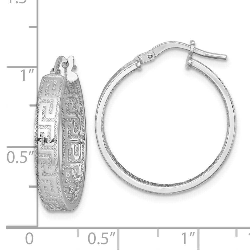 QE17867 Sterling Silver Rhodium-plated Polished Textured In and Out Greek Key 4.00 x 23mm Hoop Earrings
