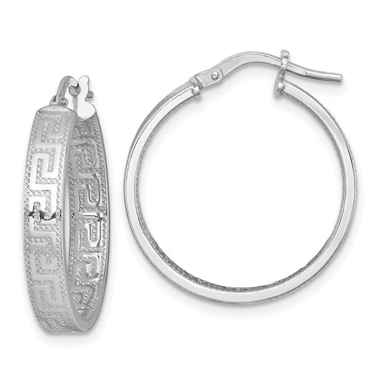 QE17867 Sterling Silver Rhodium-plated Polished Textured In and Out Greek Key 4.00 x 23mm Hoop Earrings