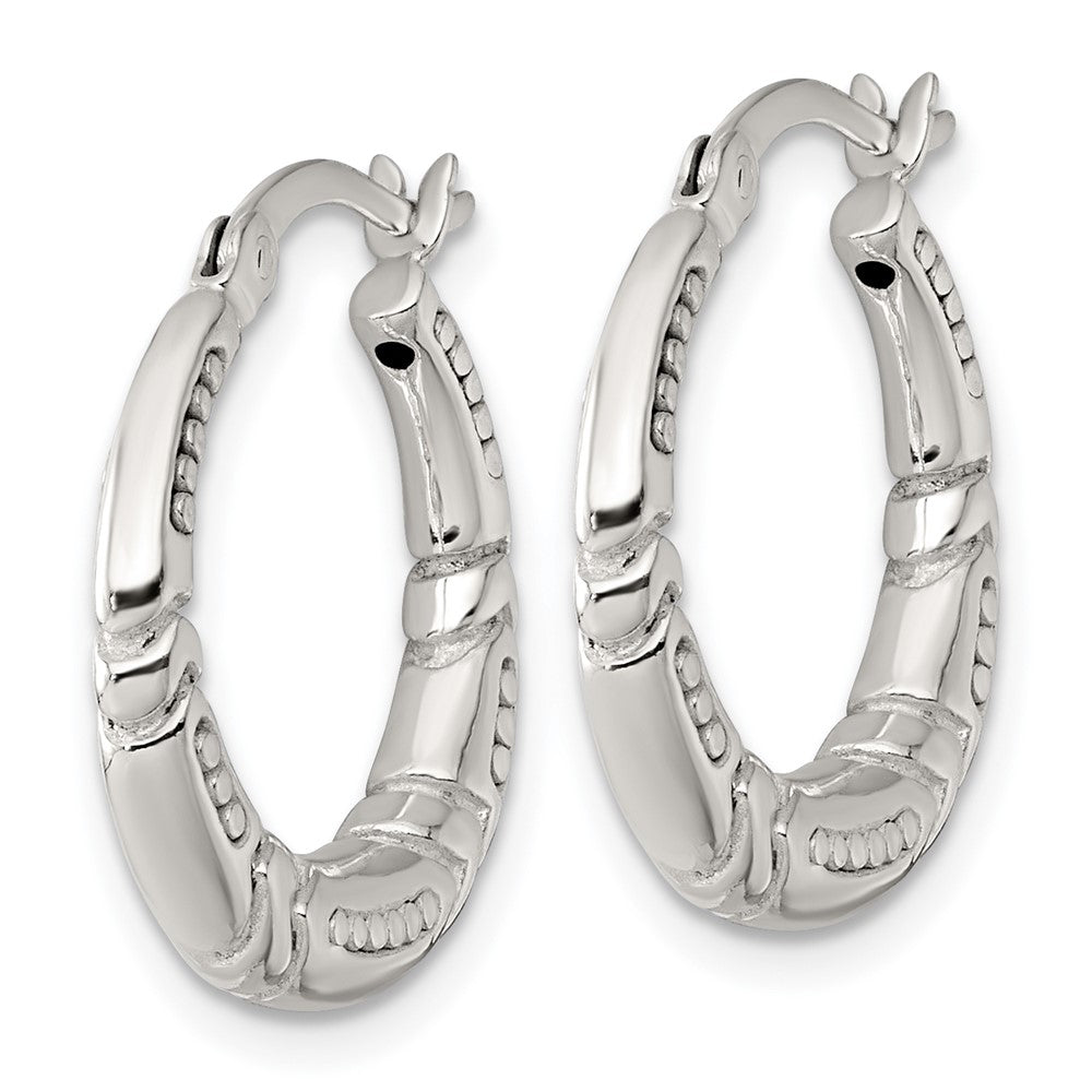 QE17870 Sterling Silver Polished Beaded and Grooved Round Hollow Hoop Earrings