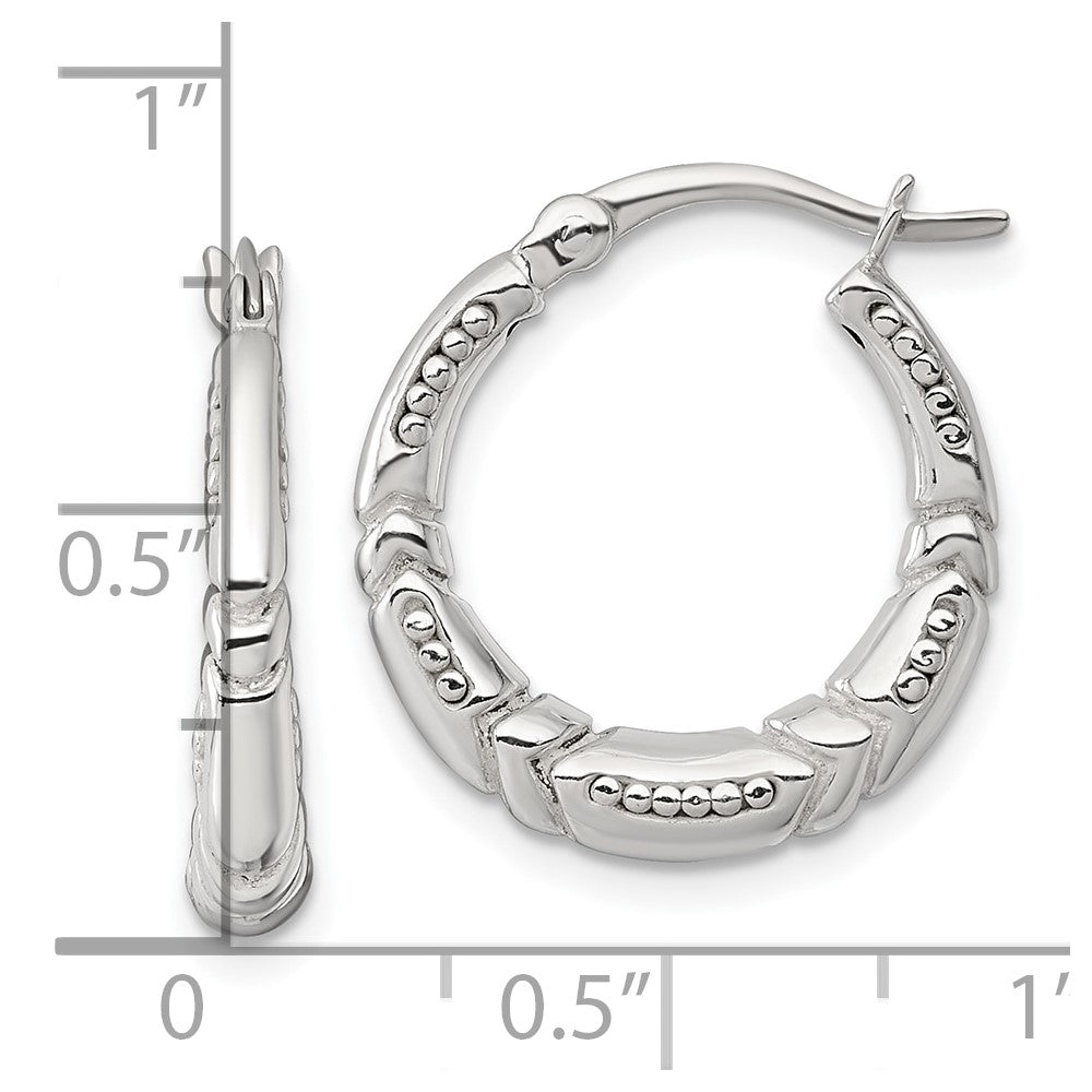 QE17870 Sterling Silver Polished Beaded and Grooved Round Hollow Hoop Earrings
