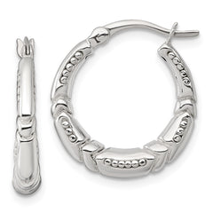 QE17870 Sterling Silver Polished Beaded and Grooved Round Hollow Hoop Earrings