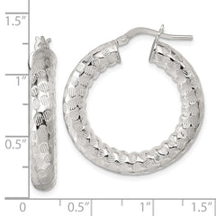 QE17873 Sterling Silver Polished and Textured 5.25mm Round Tube Hoop Earrings