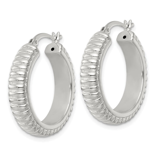 QE17875 Sterling Silver Polished and Grooved 26x6mm Round Hollow Hoop Earrings