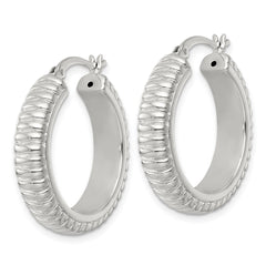 QE17875 Sterling Silver Polished and Grooved 26x6mm Round Hollow Hoop Earrings