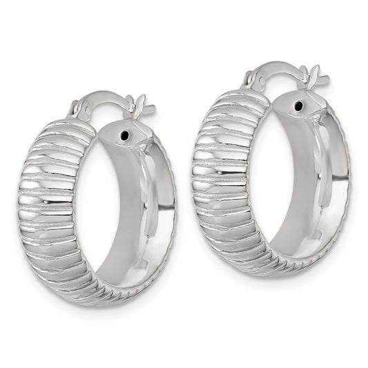 QE17877 Sterling Silver Polished and Grooved 21x7mm Round Hollow Hoop Earrings