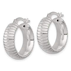 QE17877 Sterling Silver Polished and Grooved 21x7mm Round Hollow Hoop Earrings