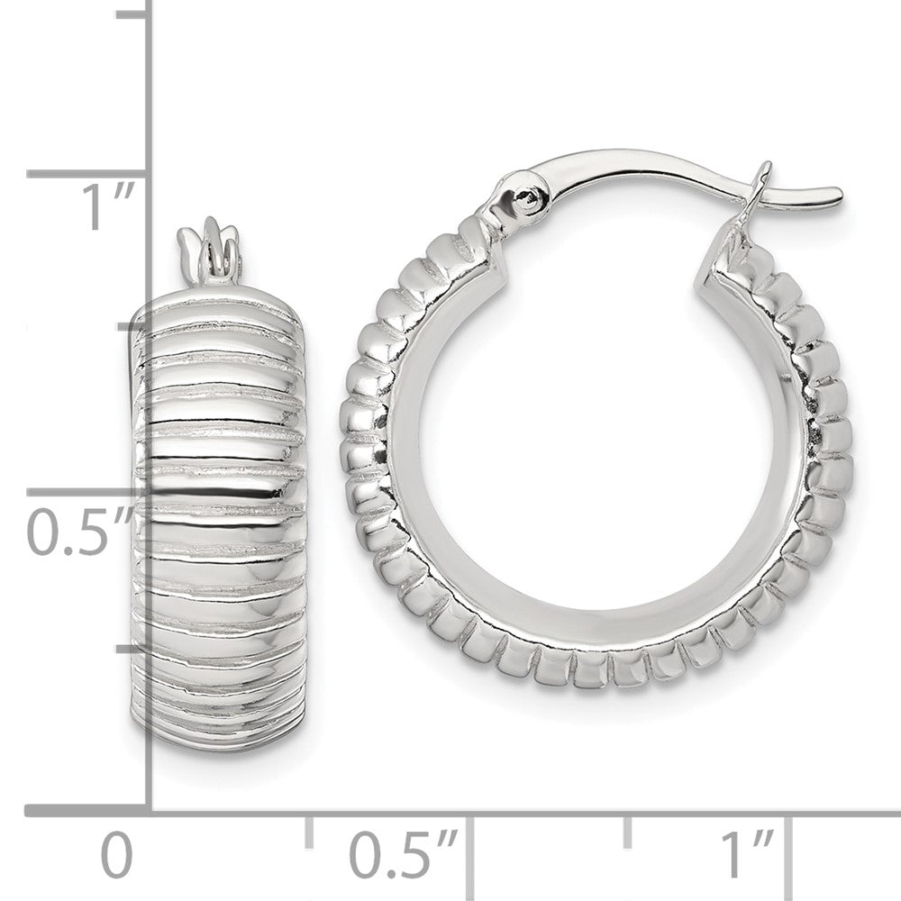QE17877 Sterling Silver Polished and Grooved 21x7mm Round Hollow Hoop Earrings