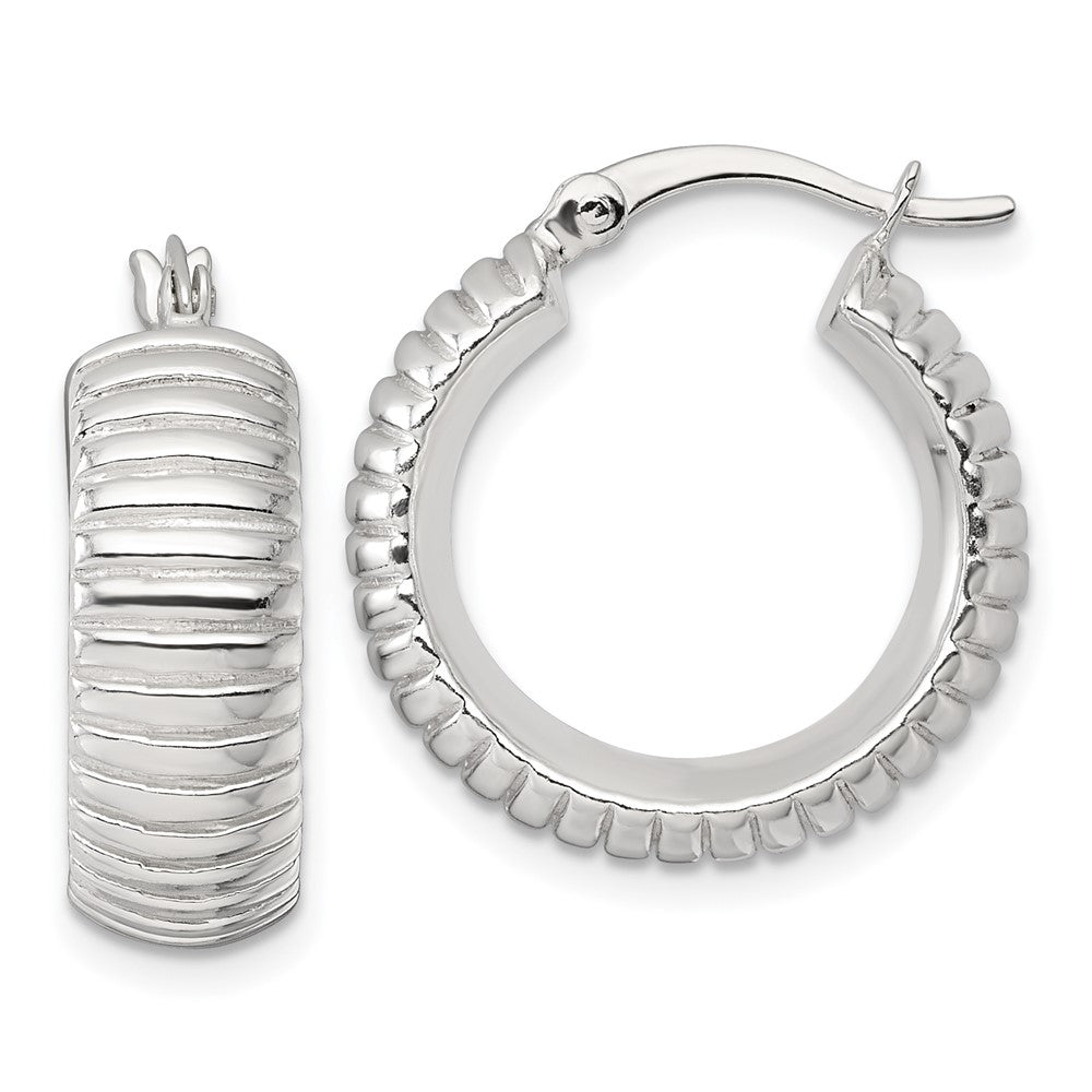QE17877 Sterling Silver Polished and Grooved 21x7mm Round Hollow Hoop Earrings