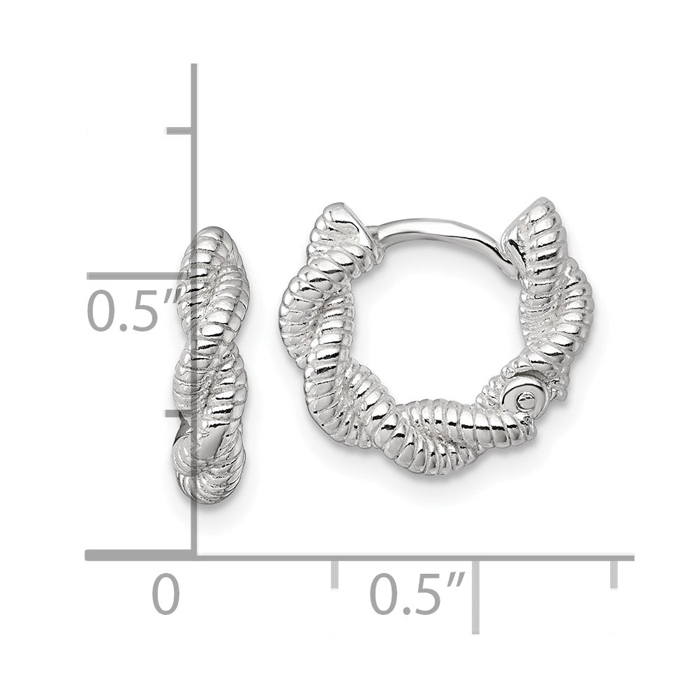 QE17882 Sterling Silver Polish Textured Twisted Hinged Round Hoop Earrings