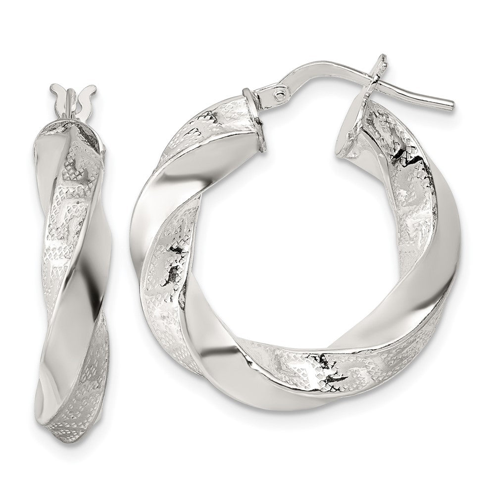 QE17887 Sterling Silver Polished Greek Key 5mm Twisted tube Hoop Earrings