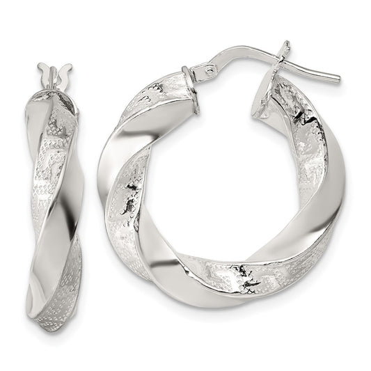 QE17887 Sterling Silver Polished Greek Key 5mm Twisted tube Hoop Earrings