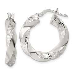 QE17887 Sterling Silver Polished Greek Key 5mm Twisted tube Hoop Earrings