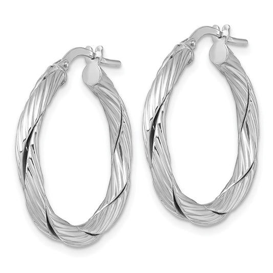 QE17899 Sterling Silver Rhodium-plated Polished Textured and Twisted 3.00 x 25mm Round Hoop Earrings