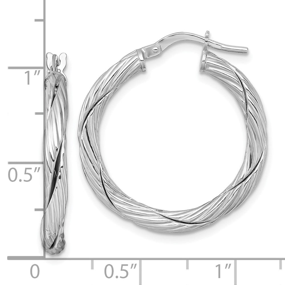QE17899 Sterling Silver Rhodium-plated Polished Textured and Twisted 3.00 x 25mm Round Hoop Earrings