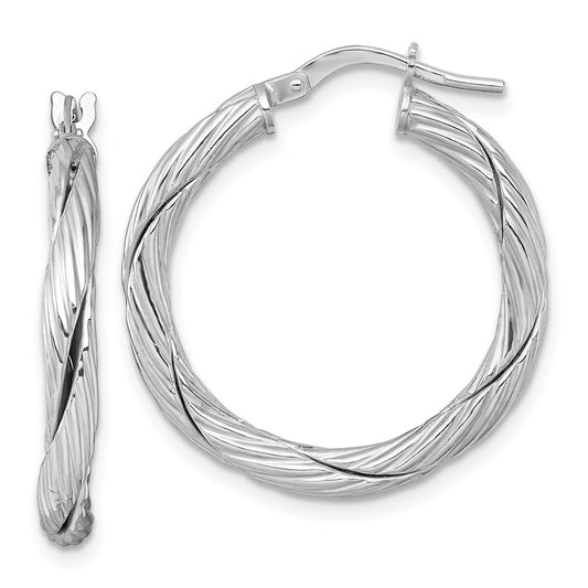 QE17899 Sterling Silver Rhodium-plated Polished Textured and Twisted 3.00 x 25mm Round Hoop Earrings