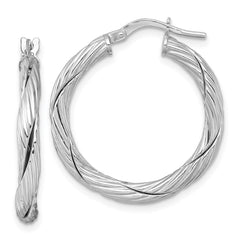 QE17899 Sterling Silver Rhodium-plated Polished Textured and Twisted 3.00 x 25mm Round Hoop Earrings
