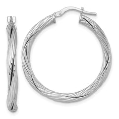 QE17900 Sterling Silver Rhodium-plated Polished Textured and Twisted 3.00 x 30mm Round Hoop Earrings