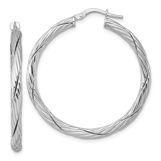 QE17901 Sterling Silver Rhodium-plated Polished Textured and Twisted 3.00 x 36mm Round Hoop Earrings
